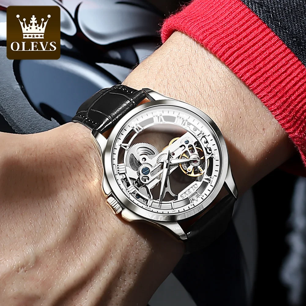 OLEVS Tourbillon Skeleton design gear Men Automatic Mechanical Watch limited edition Watches Fashion leather wrist watch 6661