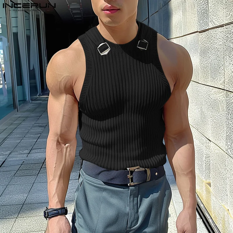 INCERUN Men Tank Tops Solid Color O-neck Sleeveless Knitted Casual Vests Men Streetwear Summer Fitness 2024 Fashion Men Clothing