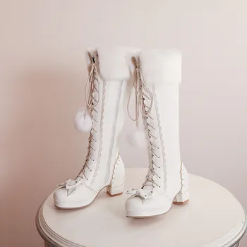 Herfst Winter Nieuwe Mode Dames Kniehoge Laarzen Strik Dikke Hak Warme Lange Laarzen Waterdicht Platform Dames Lolita Trouwschoenen