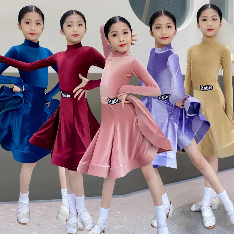 velvet-latin-dance-dress-children's-cha-cha-rumba-tango-latin-dance-competition-practice-costume-long-sleeve-velvet-dress