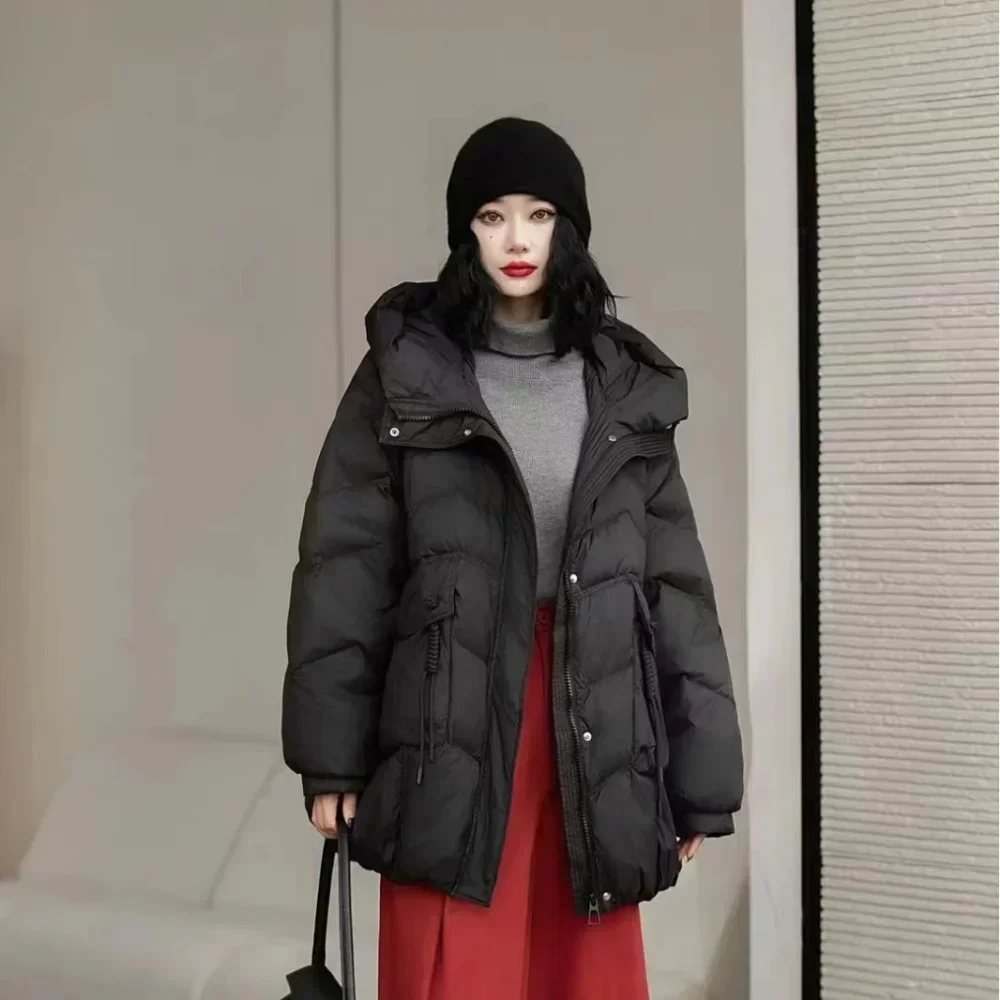

Women's Down Jacket Mid-length Hooded Jacket White Duck Down Thickened Warm Literary Loose Fashion Winter Women's Coat