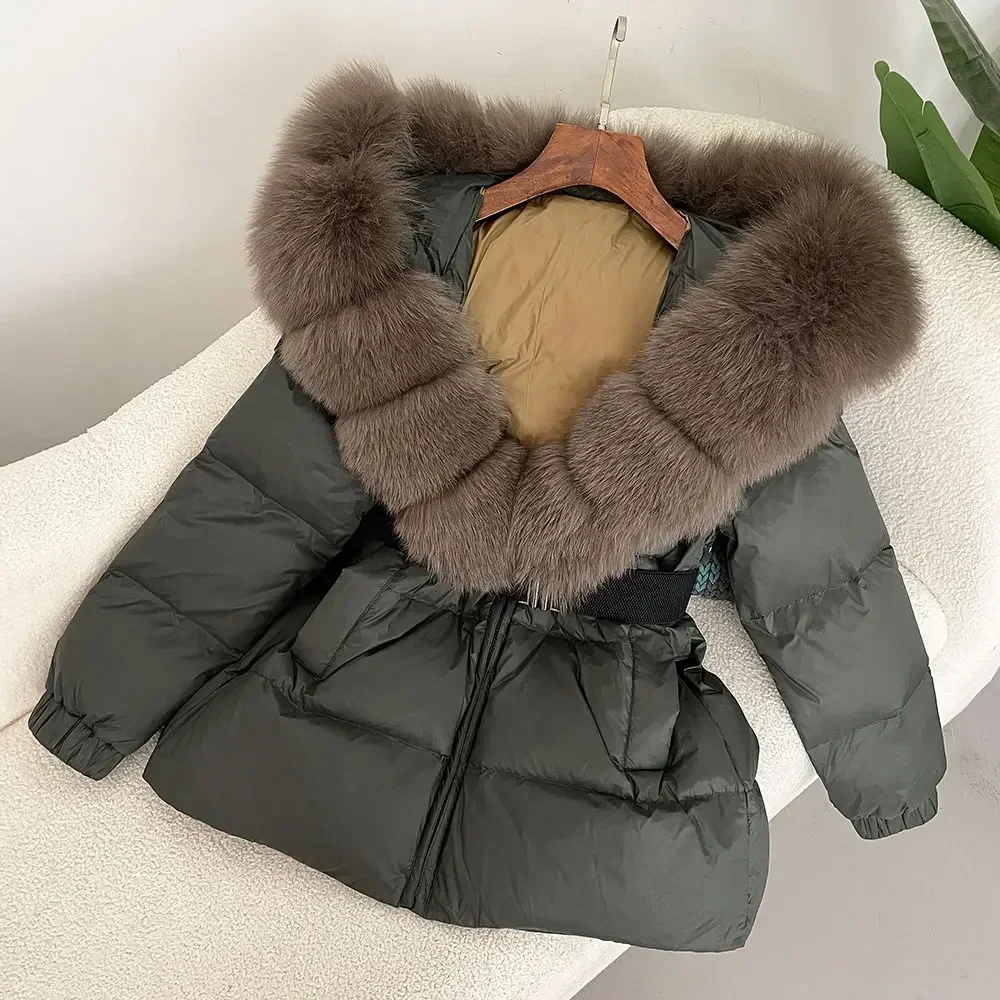 Piumino Parka femminile Piumino invernale impermeabile Piumino d'anatra bianco Piumino da donna Nuova vera pelliccia di volpe con cappuccio spesso caldo