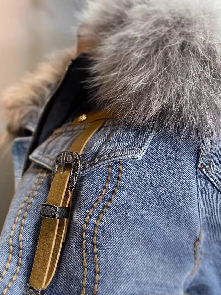 Inverno nuovo addensato parka di pelliccia antivento donne piumino grande collo di pelliccia di volpe cappotto di pelliccia reale giacca di jeans