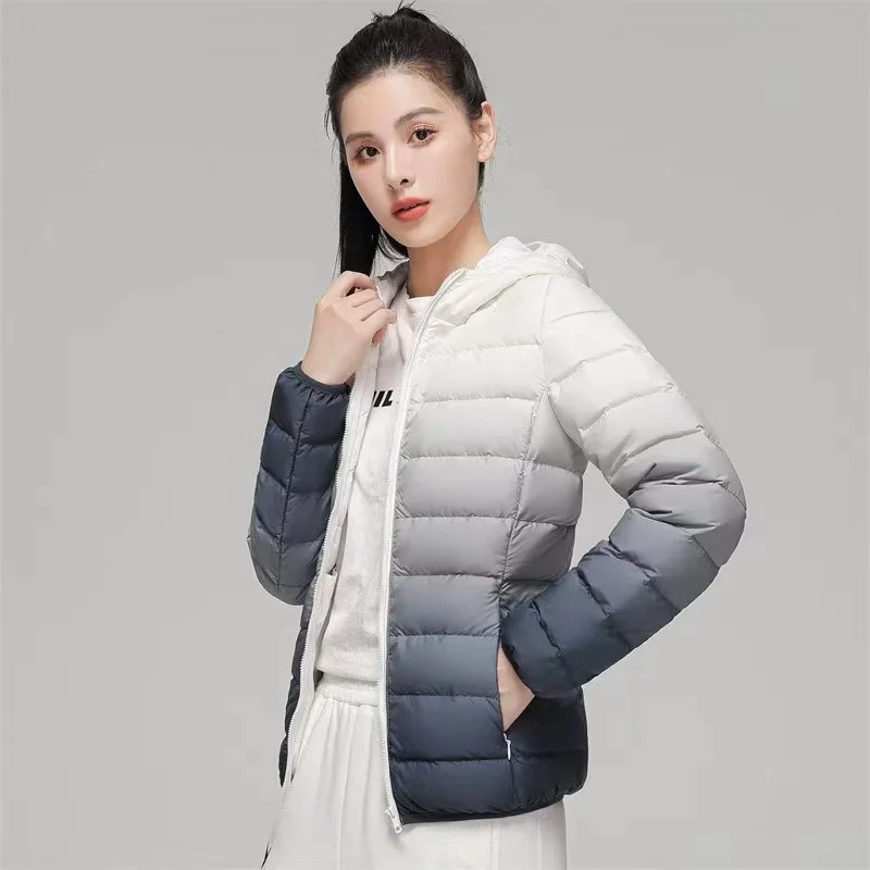 Women Luxury Designer Gradient Down Coats 2023 Autumn Winter New Fashion Hooded Slim Fit Ultra Lightweight Keep Warm Jackets