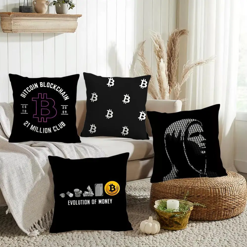 Housse de coussin Bitcoin Cryptocurrency Btc, housse de coussin en lin biologique imprimée double face, décorative pour canapé et maison
