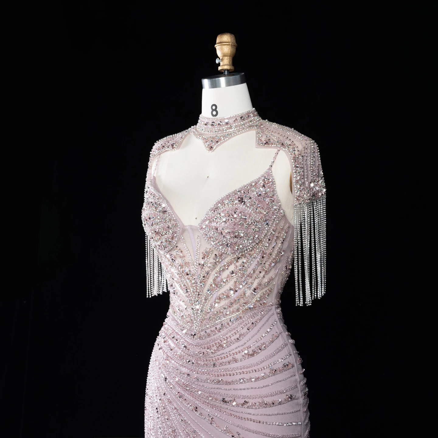 Sharon Said Luxuriöses Champagner-Abendkleid mit Quastenumhang, Diagonalen Strasssteinen, Meerjungfrauen-Schnitt, für formelle Anlässe und Partys, SS184, Maßanfertigung – Detail 17