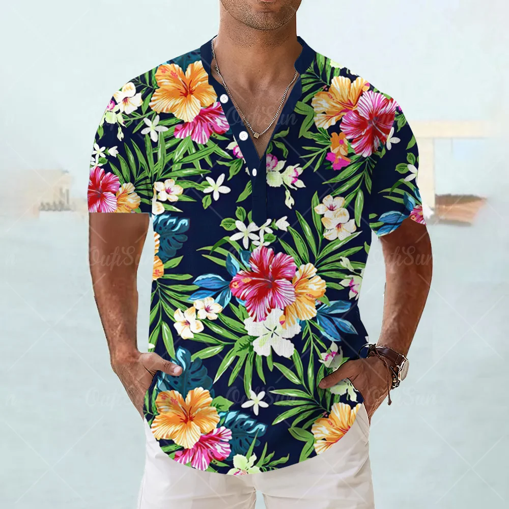 New 3d Flower Shirt For Mens Short Sleeve Tops Fashion Designer Apparel Oversized Summer Clothing Hawaiian Men Henley Shirt Tees