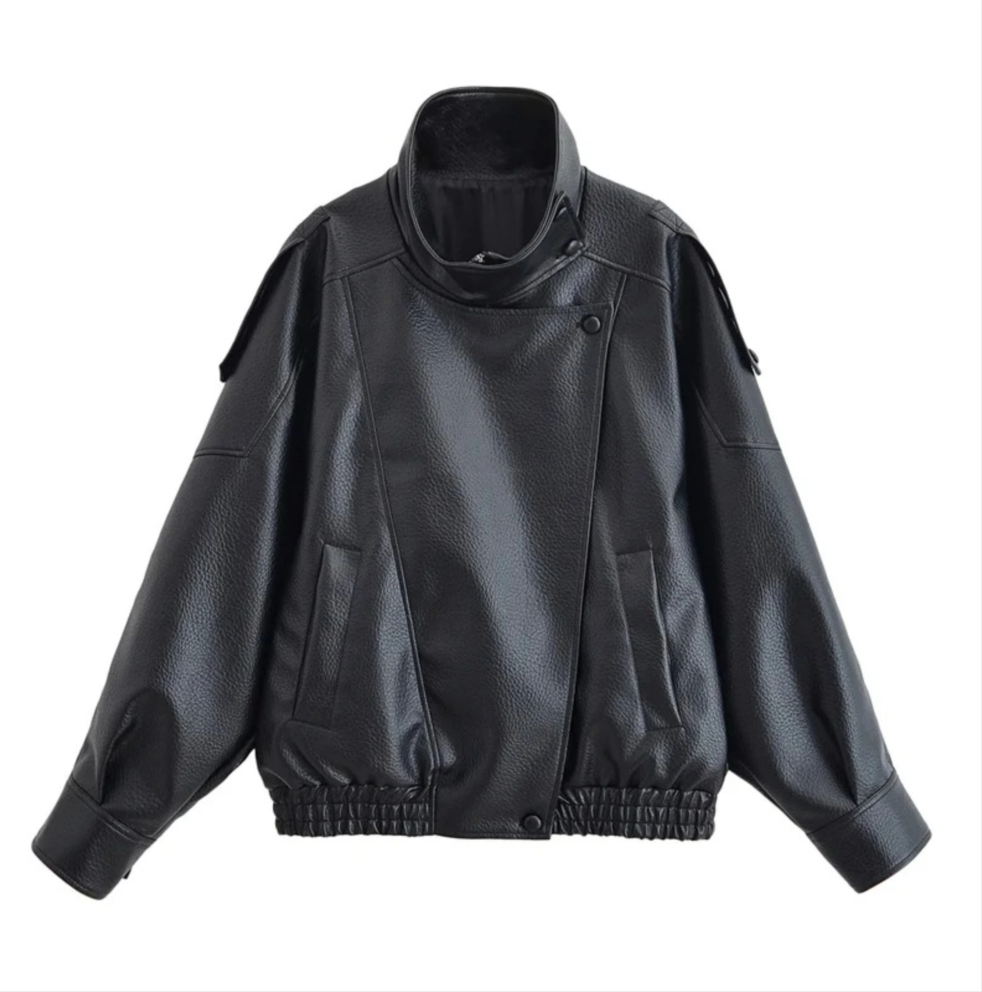 Women's Jacket  New Black Long Sleeve Pebble Faux Leather Jacket Motorcycle Style Personality Fashion
