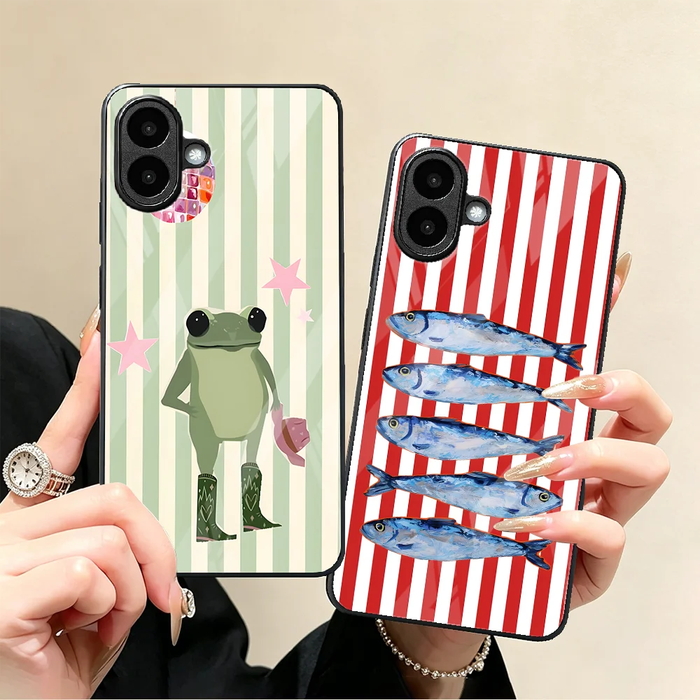 Cartoon Frog Fish Phone Cover Glass Case for Samsung Galaxy A55 A07 A36 A06 A34 A13 A32 A14 A54 A26 A15 A37 A27 A24 A73 A56 A57