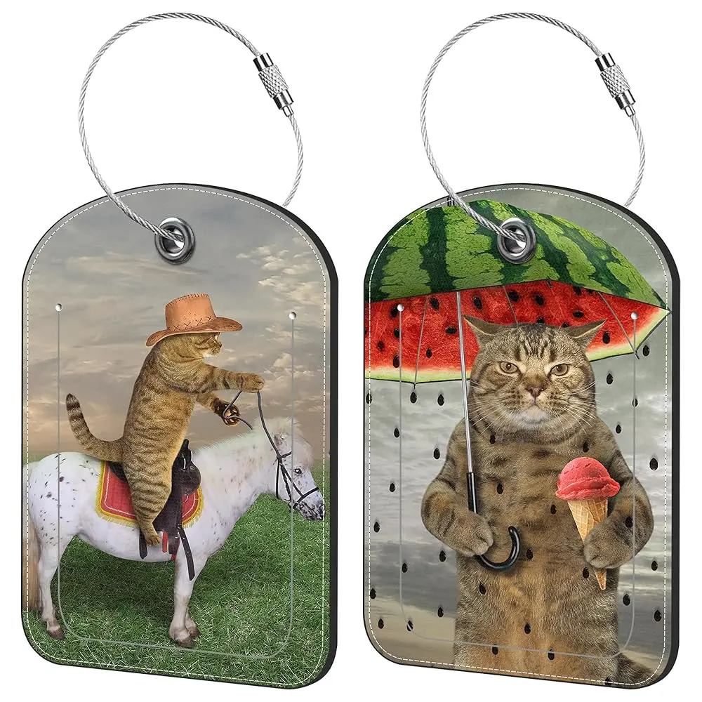 

Cute Cat Luggage Tag for Suitcase Set of 2 PU Leather Cute Luggage Tags with Stainless Metal Loop ID Label Privacy Flap Suitc