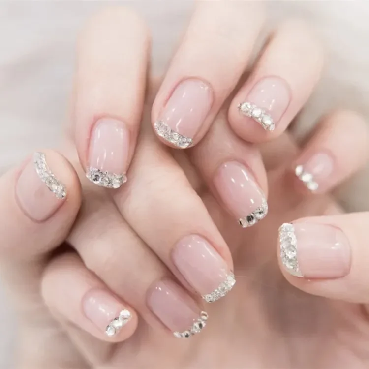

24Pcs Crystal Diamond Fake Nails Square Artificial With Adhesive Tapes