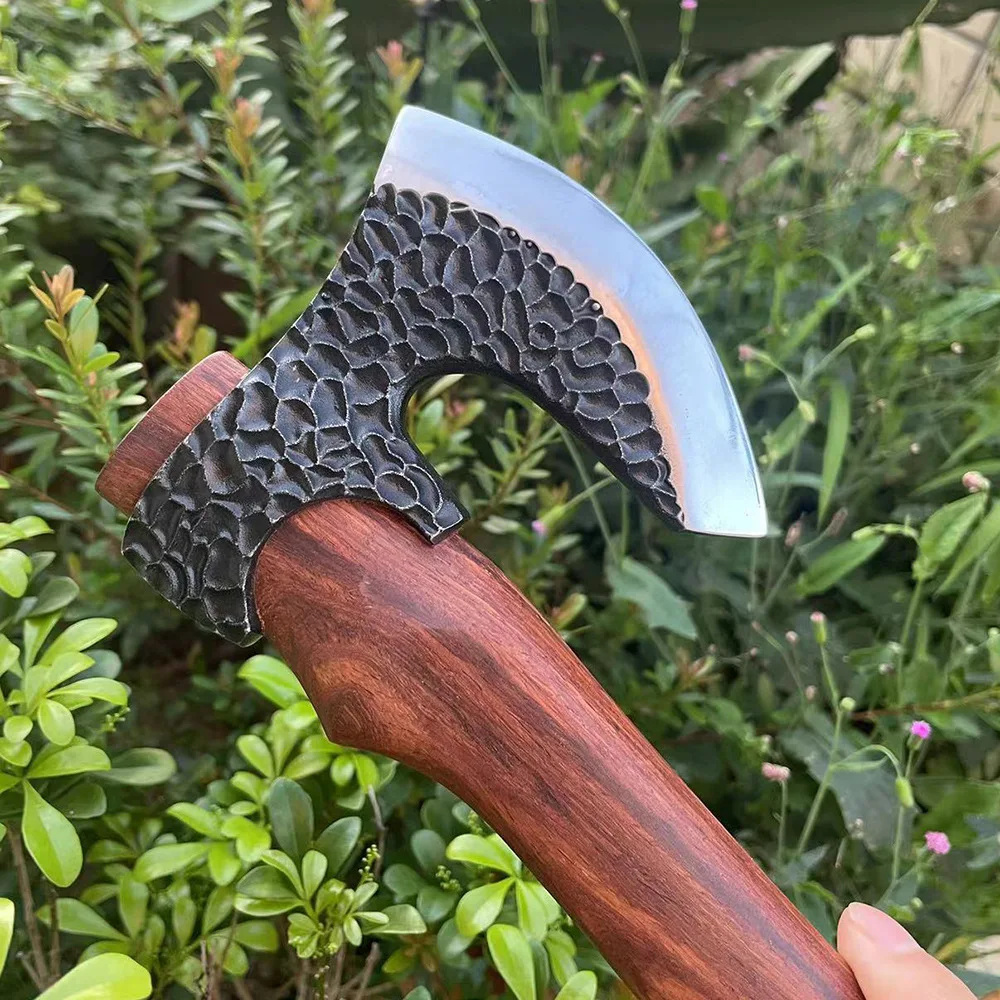 New Outdoor Hand Forged Soldier Axe with Yellow Sandalwood Handle for Camping Woodcutting Self Defense Tactics Axe