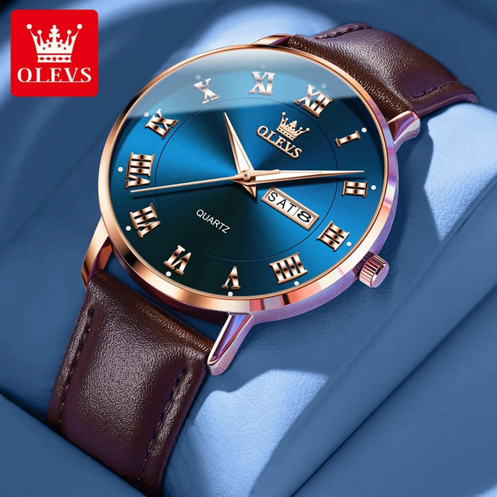 OLEVS Simple Mens Watches Top Brand Luxury Leather Strap Waterproof Week Date Fashion Blue Quartz Watch Men Relogio Masculino