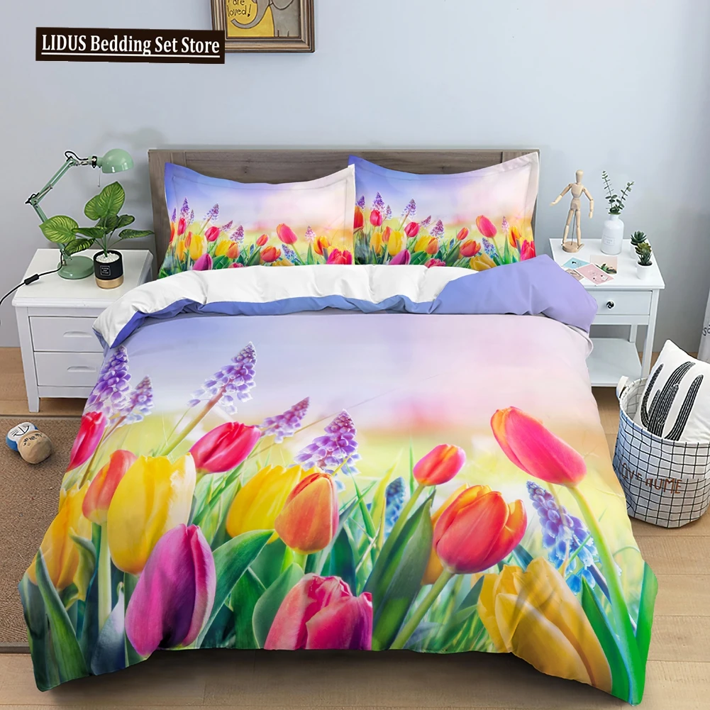 

Luxury Bedding Set 3D Print Tulip Rose Print Duvet Cover Set Quilt Cover King Queen Size For Wedding Polyester Comforter Cover