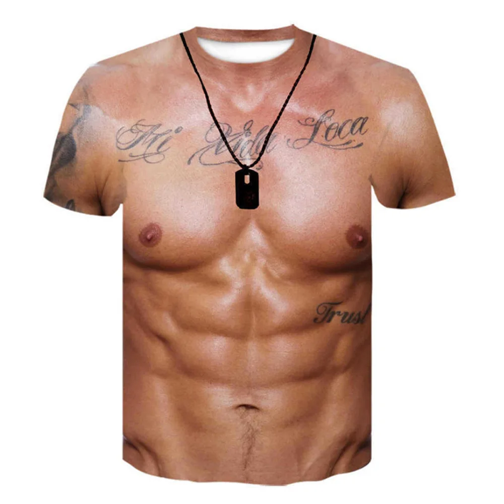 Men Funny Fake Muscle Abs 3D All Over Print T-Shirt Tattoo Dog Tag Necklace Graphic Short Sleeve