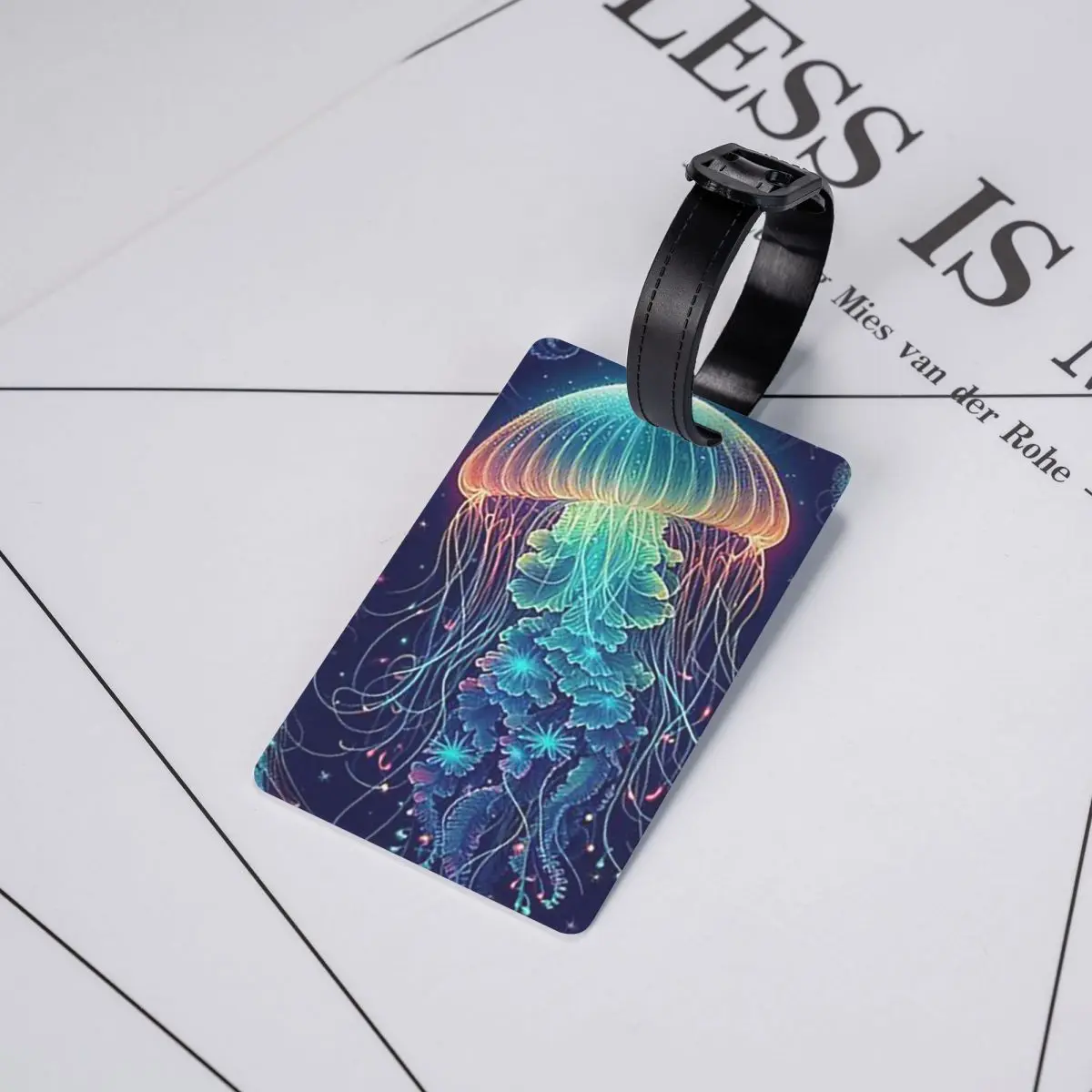 

Luminescent Rainbow Jellyfish On Navy Blue Luggage Tags Suitcase Travel Baggage Boarding Tag Label Holder ID Name Address