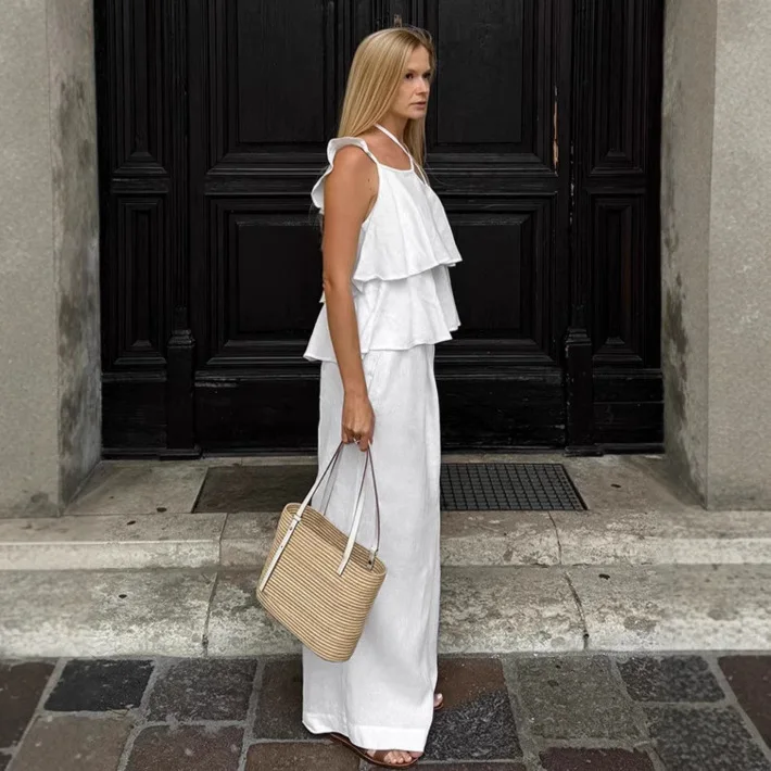 Casual White Faion Fly Sve Top And Pants Set Wide Leg Pants Two Piece Set round Ne ort Sve Student Work orm