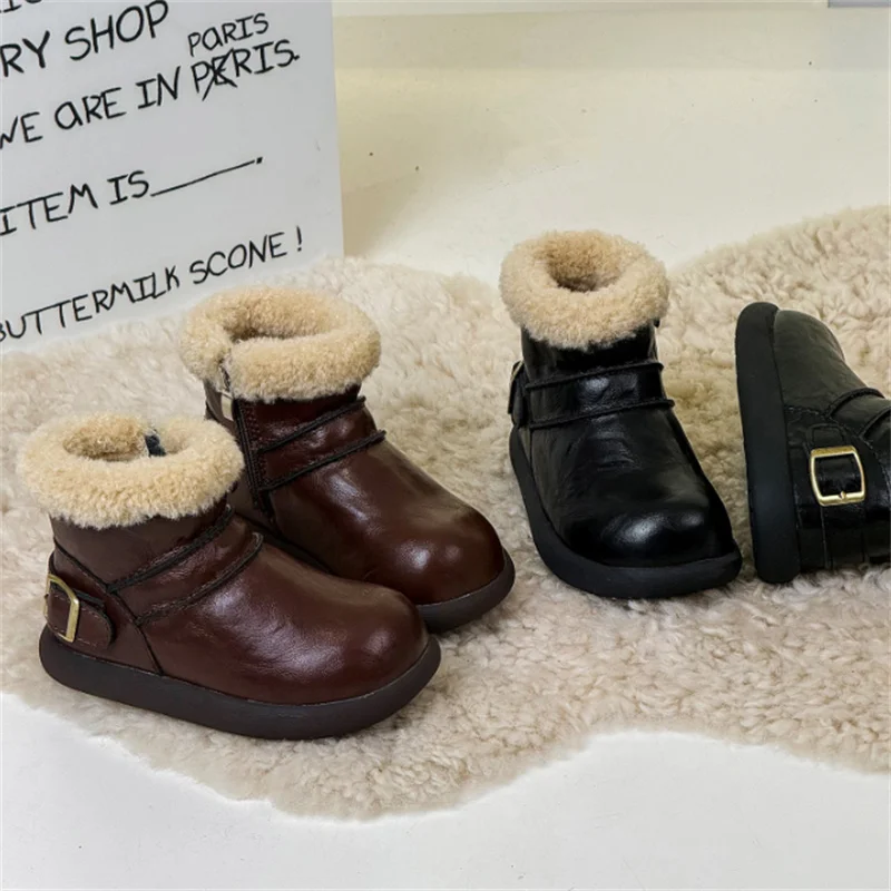 

New Winter Children Snow Boots Vintage Leather With Shearling Lining Toddler Kids Shoes Non-slip Fashion Baby Girls Boots 21-30