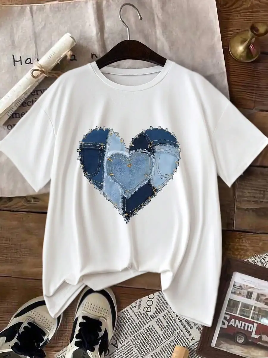 Women s Casual Patchwork Applique Pattern Crew Neck Short Sleeve T-Shirt