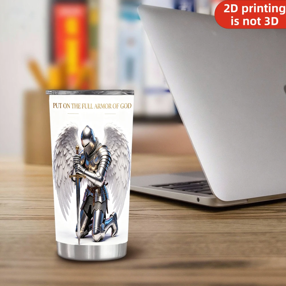 20oz Put On The Full Armor of God Knight Printed Stainless Steel Tumbler with Lid and Straw, Christian Angel Wings Vacuum Insulated Travel Mug