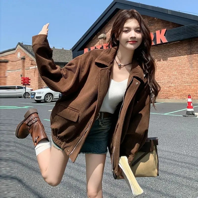 

Melange Brown Lapel Collar Coat Womens Spring Autumn Bomber Jacket Loose Zip Outerwear Lazy Long Sleeve Top Vintage Trend Jacket