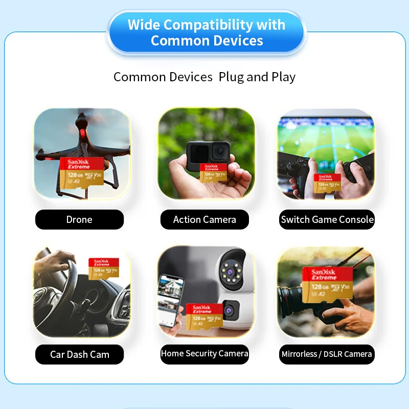 SanDisk MicroSD Memory Card Extreme V30 A2 TF Card 64GB 128GB 256GB 512GB 1TB 2TB Micro SD Flash Card for Drones Dashcam A1 32GB