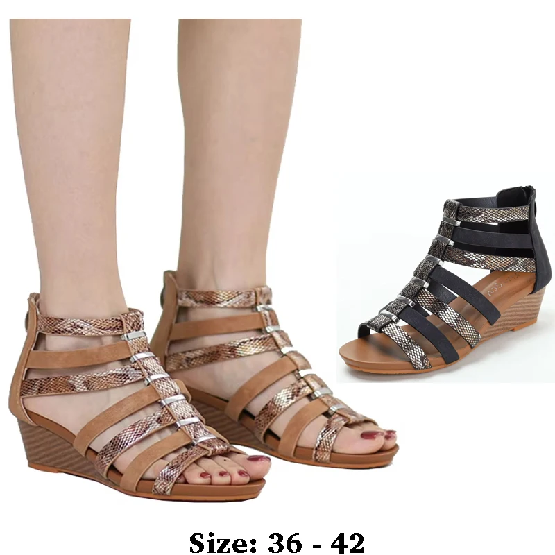 

High quality leather flat sandals for women 5cm mid heel new summer 2025 36 42 open toe vintage casual shoe black brown