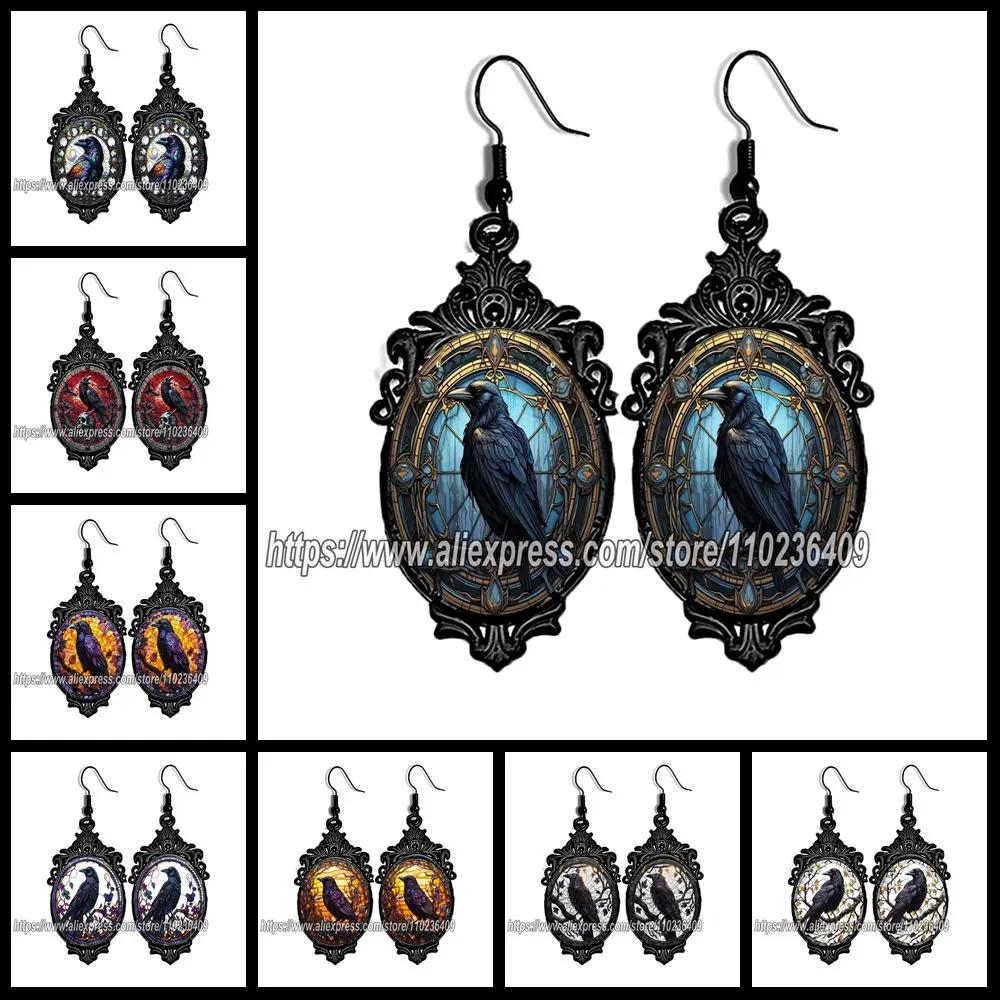Новые висячие серьги в стиле панк-ворона, черный цвет, серьги с вороном, овальное стекло, фото, ювелирные изделия, подарки на Хэллоуин Новые висячие серьги в стиле панк-ворона, черный цвет, серьги с вороном, овальное стекло, фото, ювелирные изделия, подарки на Хэллоуин