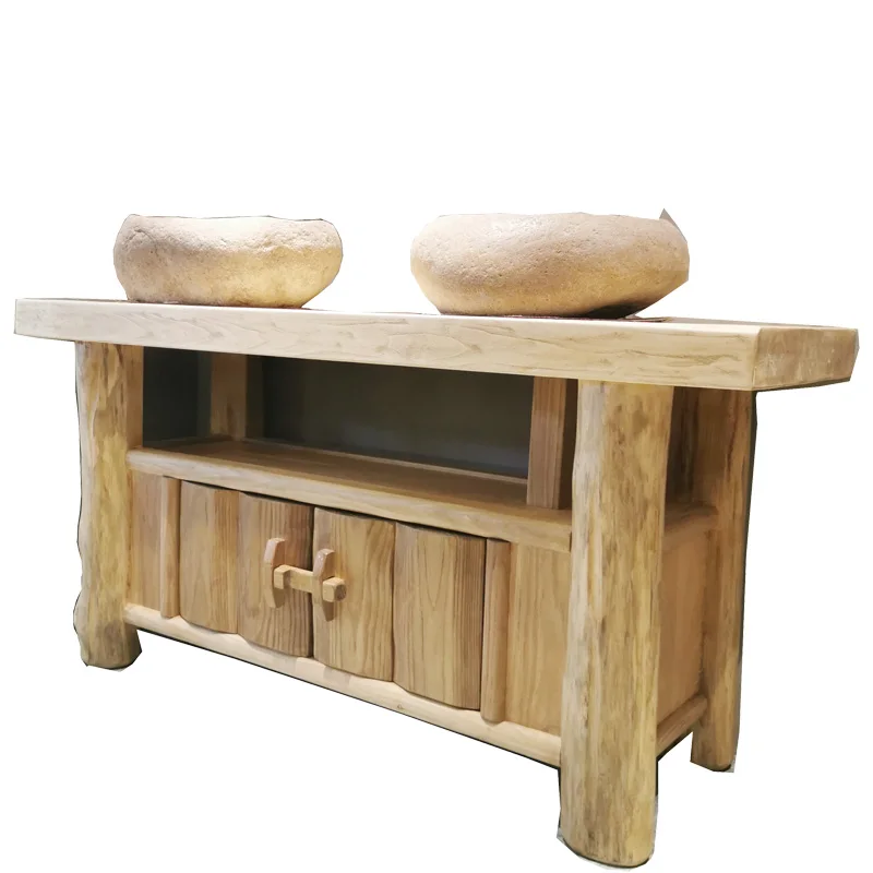 Pastoral solid wood creative antique double-head double-basin bathroom homestay inn wash face wash basin cabinet