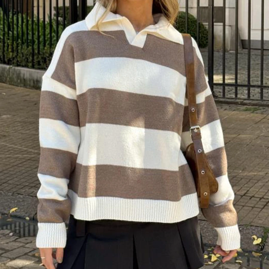 Damski sweter w paski z patchworkiem, wysokiej jakości, z długim rękawem, kołnierzykiem, luźny, retro, pulowery, sudaderas de mujer.