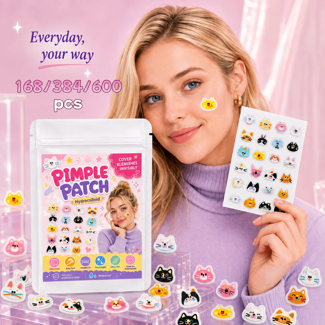 168/384/600pcs Cute Cat Character Pimple Patches, Ultra-Thin, Skin-Friendly, Breathable, Made for Everyday Moments