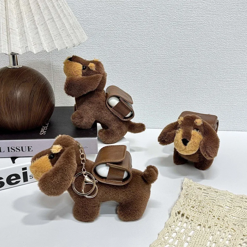 Прекрасный пушистый рюкзак с подвеской в виде таксы, чехол для наушников AirPods 4 3 2 1 Pro Air Pods Pro 2, брелок для ключей, плюшевый чехол для наушников с собакой