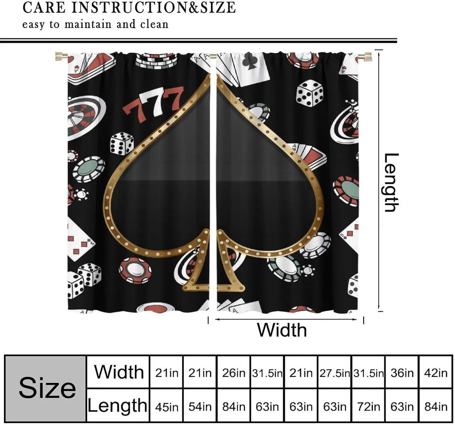 Poker Curtains, Modern Card Game Big Spades Chip Window Treatments, Rod Pocket Thermal Insulated Drapes 2 Panel Sets for Bedroom