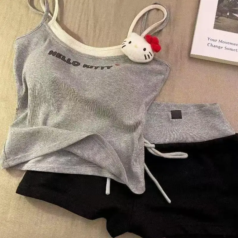 2 pezzi gattino pigiama da donna set pantaloncini cartone animato abbigliamento per la casa fionda Y2K dolce estate fresco pettorale gilet pantaloncini vestiti coreani