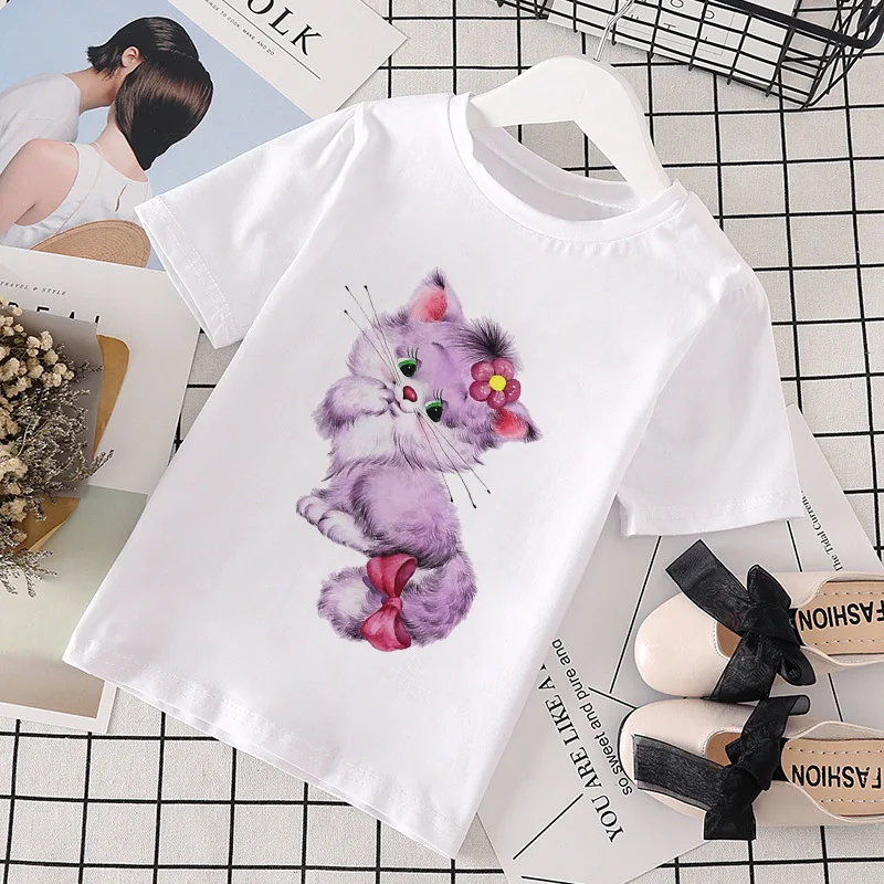 Summer Cute Bow Grey Cat Cartoon Printed Round Neck Boys and Girls Casual White Children T-shirt Short Sleeve