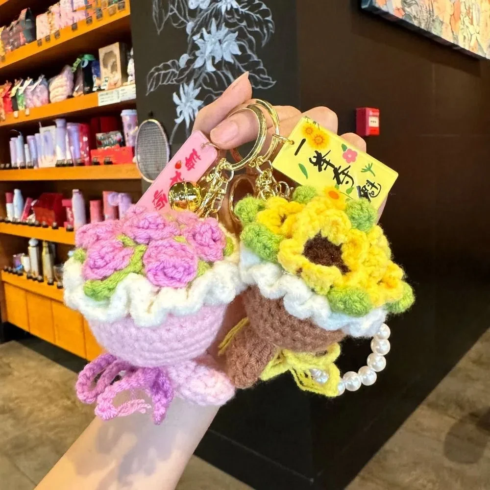 

Cute Sweet Flower Bouquet Keychain Rose Charm Knitted Flower Pendant Bag Hanging Ornaments Car Key Ring Gifts