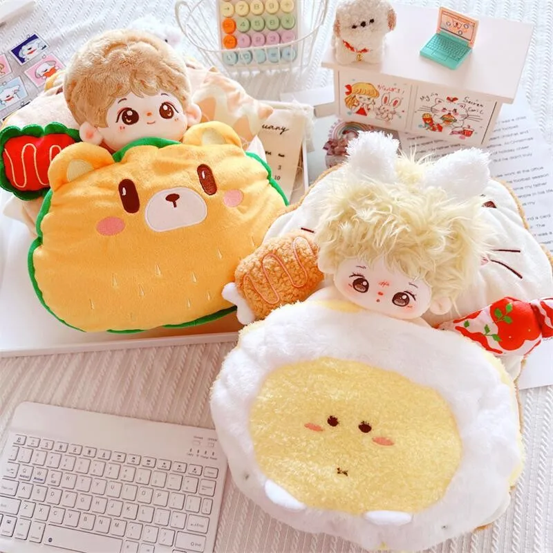 

10-17cm Kawaii Plush Doll Hamburger Bear Egg Cat Bed 3Pcs Set Cute Cartoon Bedding Mattress Pillow Idol Doll Accessories Toys