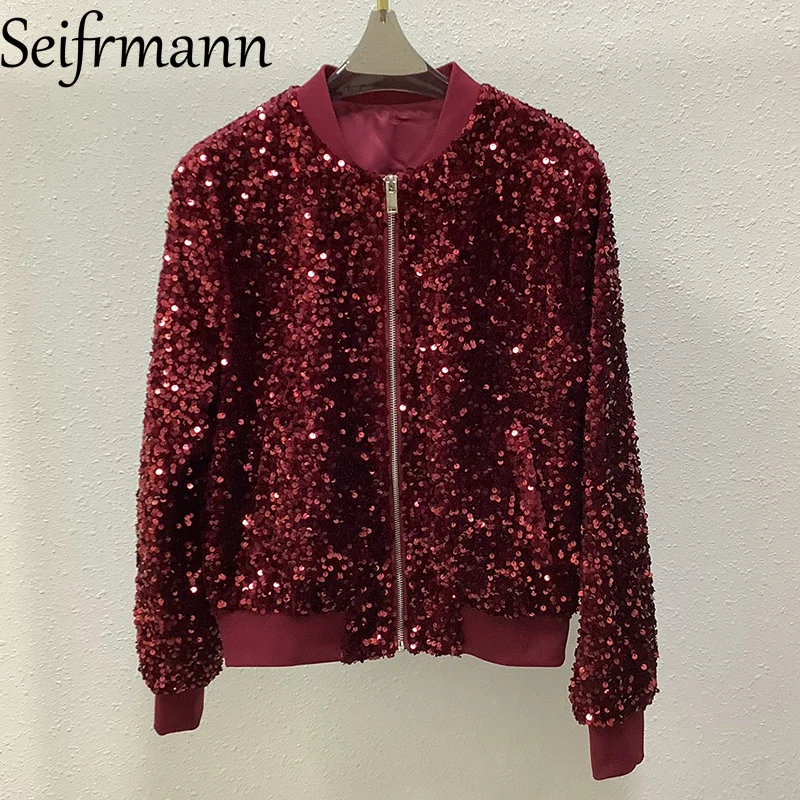 

Seifrmann Sparkling Nail Bead Spring and Autumn New Solid Color Long Sleeve Round Neck Casual Luxury Women's Fashion Coat