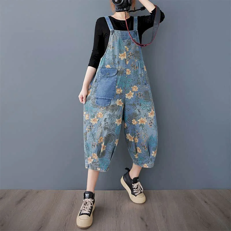 Loose Jumpsuits Denim Playsuits Casual Contrast Color Print Calf Length Harem Pants 2026 Summer One Piece Outfit Women Clothing