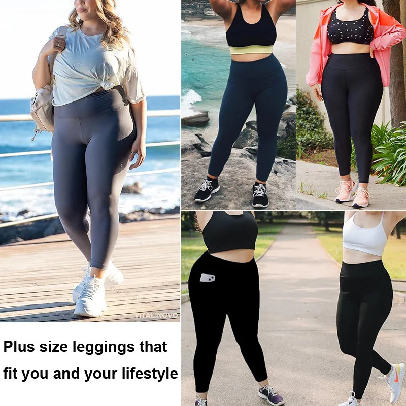 VITALINOVO Plus Size Leggings with Pockets for Women High Waisted Tummy Control Soft Stretchy Yoga Pants for Workout Running