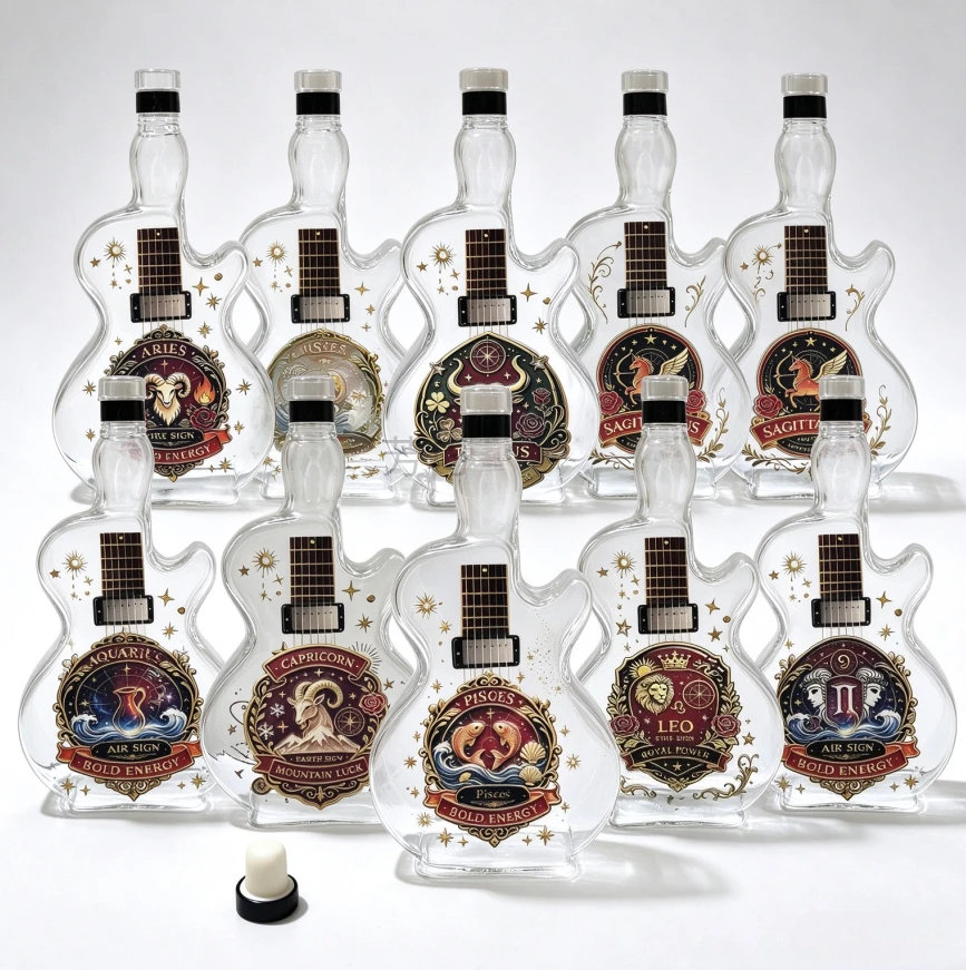 Guitar-Shaped Glass Decanter 12 Zodiac Constellations Whiskey Bottle Home Bar Decor Carafe for Liquor Wine Storage