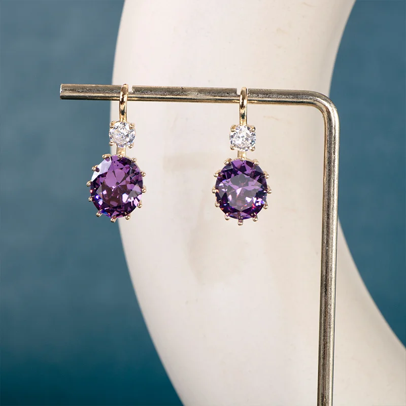 JoiasHome Yellow Gold Color Drop Earrings For Women Silver 925 Jewelry With Purple Zircon Amethyst Female Party Ear Accessories
