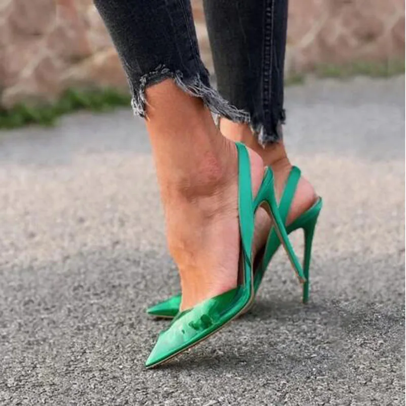 여성 패션 그린 실크 투명 PVC 포인티드 토 얕은 슬립 온 얇은 힐 슬링백 펌프, 연회 원피스 슈즈 레이디, 신상