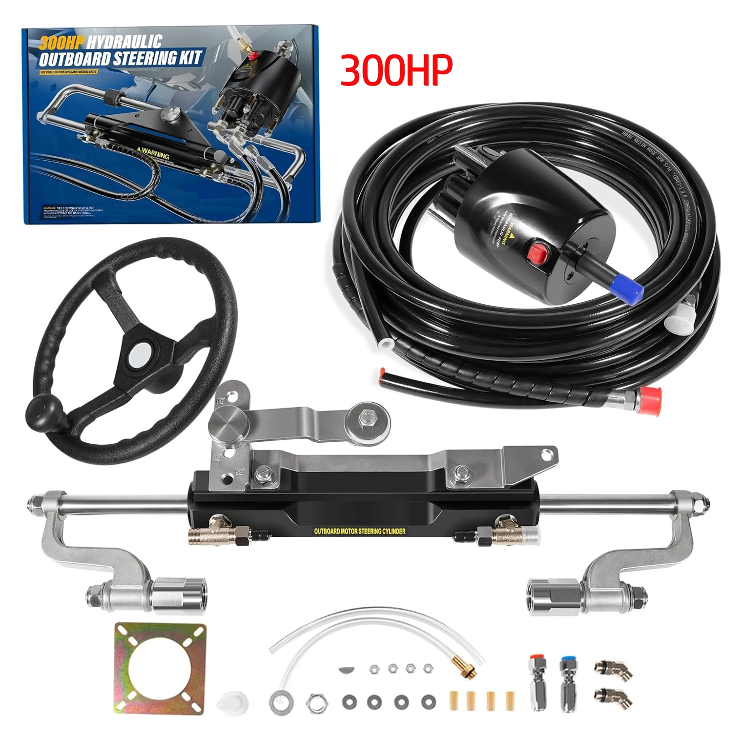 Marine Hydraulic Steering Kit 300HP for Single Station, Single-Engine use Built-in Two-Way Lock Cylinder,with 13