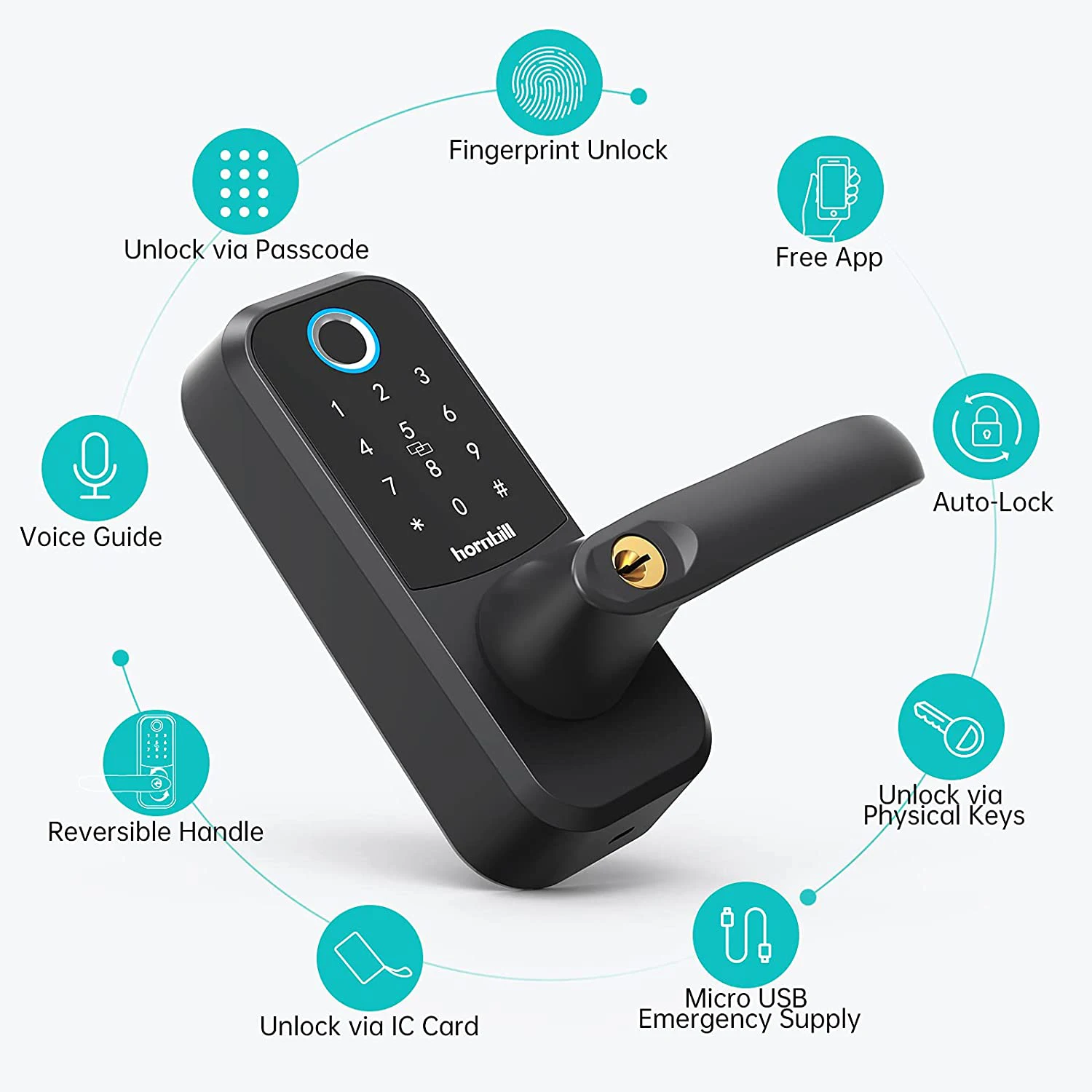 Hornbill Bluetooth Fingerprint Smart Door Lock Biometric Electronic Deadbolt Handle  Locks Keyless Entry Smart Home Security