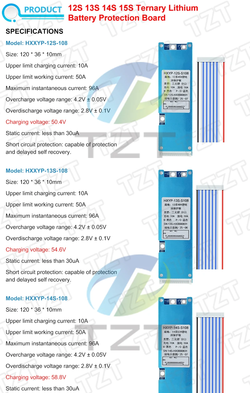 1/3 Stück 12S 13S 14S 15S BMS 50A 3,7V Ternäre Li-Ionen-Lithium-Batterie Ladeschutzplatine mit Temperaturkontrolle und geteiltem Anschluss – Detail 1