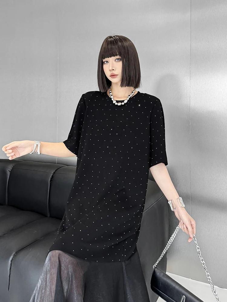 Niche élégante robe noire diamant chaud femmes 2025 été nouvelle mode ample à volants bord longue robe à manches courtes t-shirt robes