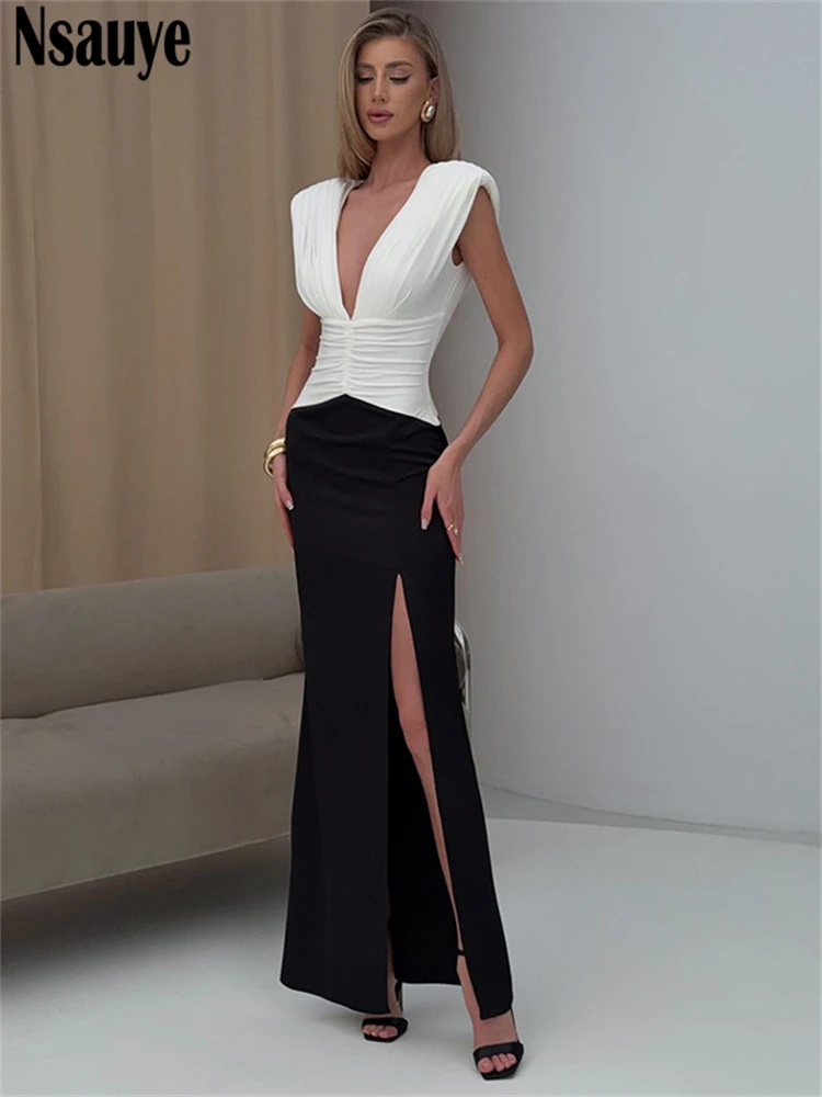 Nsauye Elegante Avondjurk Zomer Vrouwen Laag Uitgesneden Chic Sexy Lange Ruches Hoge Split Nachtclubn Party Nieuwe Mode Jurk 2025