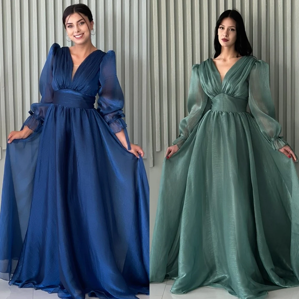 Customized  Ball   Organza Draped  Gown V-neck Bespoke Occasion Long es Saudi Arabia  