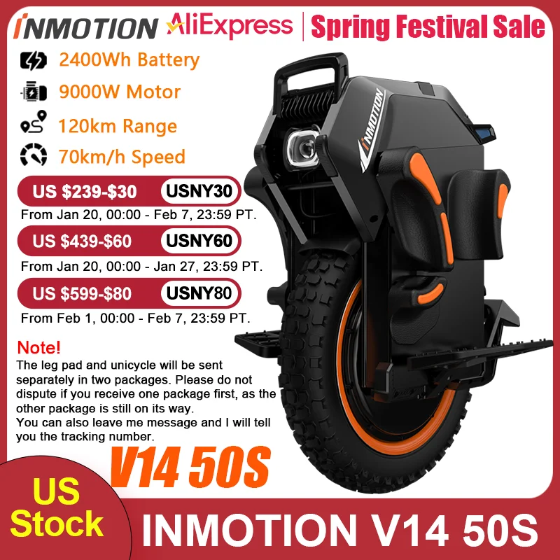 US Stock INMOTION Adventure V14 Electric Unicycle 70km/h Speed 134V 2400Wh 50S Motor C40 9000W High Torque EUC Unicycle Wheel